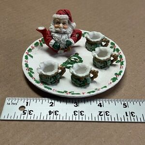 Vintage Miniature Santa Tea Set Resin Tree Holly Mini 1994 C&F Enterprises